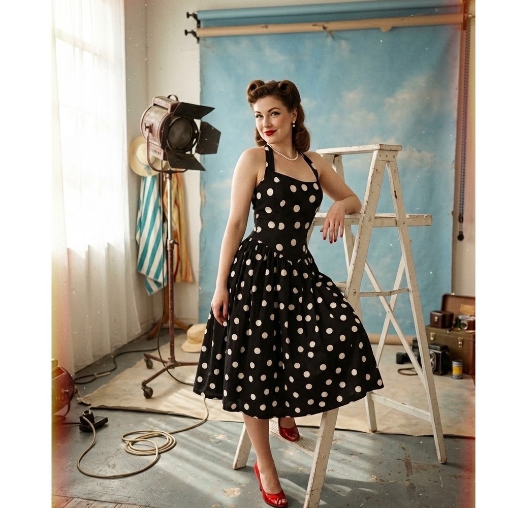 Crystal Sky Black White Polka Dot Halter Swing Dress Retro Rockabilly Midi M